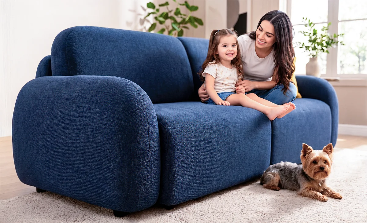 Madre e hija sonriendo en un sofá de tela azul, con un perro yorkshire descansando sobre el tapete