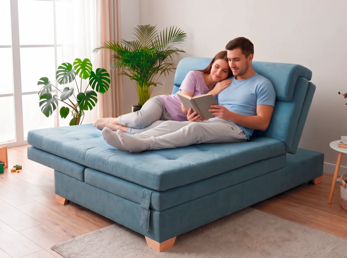 Pareja leyendo abrazada en un sofá cama en tela Terciopelo azul celeste, junto a una ventana con luz natural