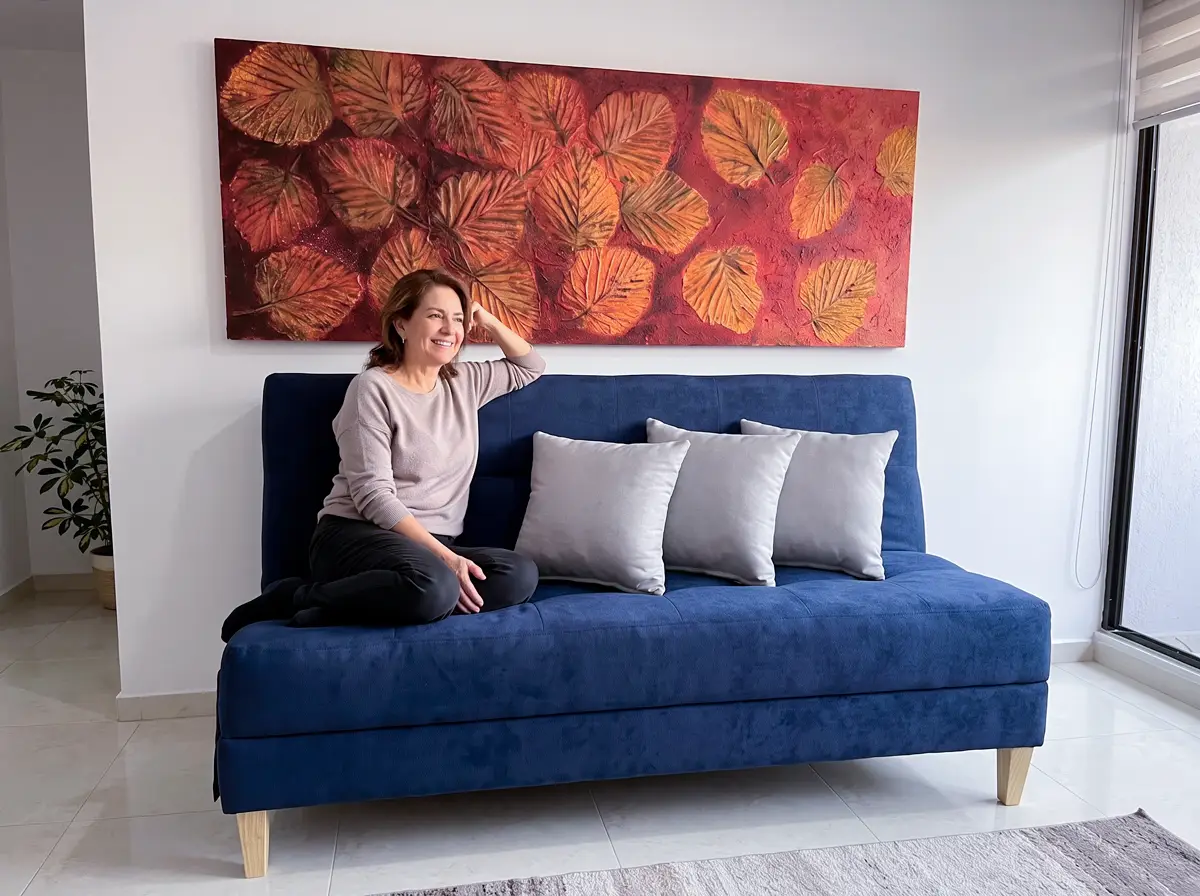 Sofá cama en tela Piel de Durazno azul petróleo, con cojines grises y una mujer sentada sonriendo en una sala luminosa